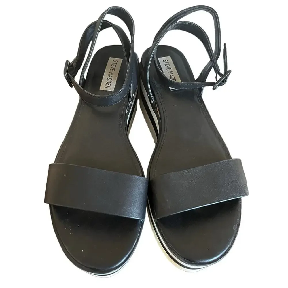 STEVE MADDEN Marco Black/White Leather Platform Ankle‎ Strap Sandal Size 10